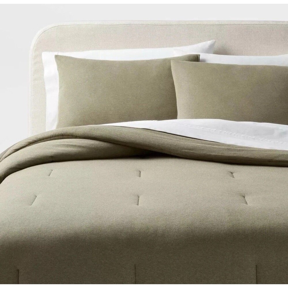 King Dark Olive Green Heather Jersey Comforter Set - Threshold Modern Design NEW